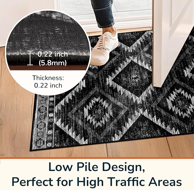Area Rug 3x5 Rug Machine Washable Non-Slip Low Pile Print Pattern Western Rug for Living Room Bedroom Entryway Tribal Series-Black