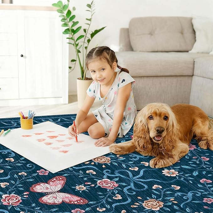 GarveeHome 8x10 Area Rugs for Living Room Washable Rugs Non Slip Stain Resistant Bedroom Floral Rugs Low Pile Soft Dining Room Throw Carpet Blue Bow Large Carpet for Home Office Decor, 8x10