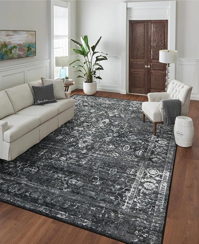 Morebes Vintage 8x10 Area Rugs for Living Room, Washable Black Rugs for Bedroom Farmhouse Non-Slip, Soft Distressed Indoor Floor Boho Carpet for Dining Room Playroom Home Office