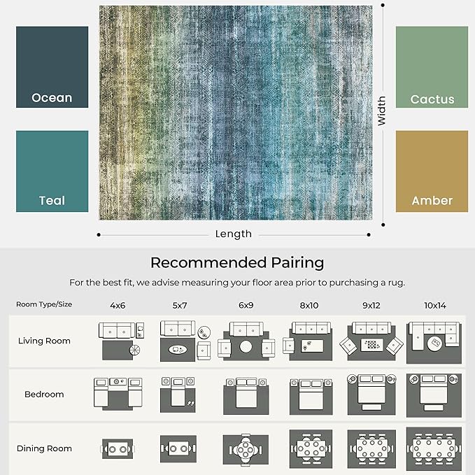 Kokia Abstract Area Rugs 10x14 Bedroom Washable Decor Low Pile Non-Slip Non-Shedding Indoor Blue Carpet Foldable Stain Resistant Floor Living Room Dining Room, Oslo Teal Amber