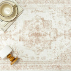 Area Rug 10x12 Cream Washable Living Room Beige Carpet Non Slip Vintage Medallion Indoor Bedroom Beige Carpet Low Pile Soft Retro Distressed Large Rug Home Office Dining Room Playroom