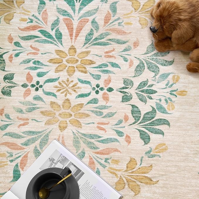 jinchan Round Rug 8ft Area Rug Vintage Floral Distressed Design Machine Washable Soft Non-Slip Low-Pile Ultra-Thin Circle Rug for Living Room Dining Room Bedroom Home Office (8' Round, Apricot Multi)
