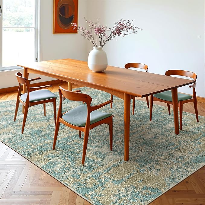 WITSHOCK Living Room Area Rugs 5x7：Modern Abstract Machine Washable Large Rug for Bedroom Dining Room Non-Slip Stain Resistant Home Office Decor,Teal Brown
