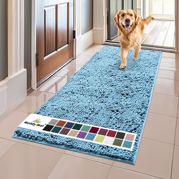 Muddy Mat® | Super Absorbent Door Mat Indoor, Microfiber Quick Dry Chenille Entryway Rug, Non-Slip Front Door Mat, Indoor Mats for Entryway, Machine Washable Pet Rug, Sky Blue 24"x60"