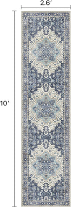 2'6''x10 Runner Rugs for Hallway, Machine Washable Non Slip Vintage Rugs, Low Pile Lightweight Soft Print Rug for enrtyway, Corridor, Home Office, Kitchen, Center Blue