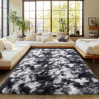 Plush Rug for Living Room Shaggy Area Rug High Pile Fuzzy Rug Non-Slip Indoor Floor Carpet Plush Area Rugs for Living Room Tie Dye Black White 5x7