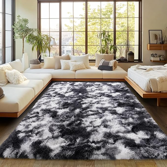 Plush Rugs for Living Room Shaggy Soft Area Rug High Pile Fuzzy Rug Non-Slip Indoor Floor Carpet Plush Area Rugs for Living Room Tie Dye Black White 9x12