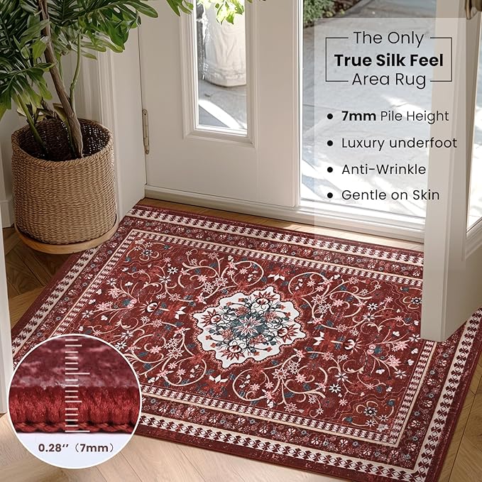 2' x 3' Red Washable Area Rugs, Non-Slip Entryway Rug, Boho Low Pile Door Mat Indoor Entrance, Floral Medallion Pattern Vintage Rugs for Kitchen Bedroom Bathroom Laundry Living Room Farmhouse