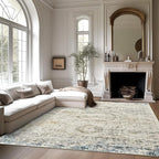 5x7 Area Rugs Blue Ivory Low Pile Indoor Washable Trendy Faded Style Rugs for Bedroom Living Room Dining Room Foldable Non-Slip Thin Print Mat