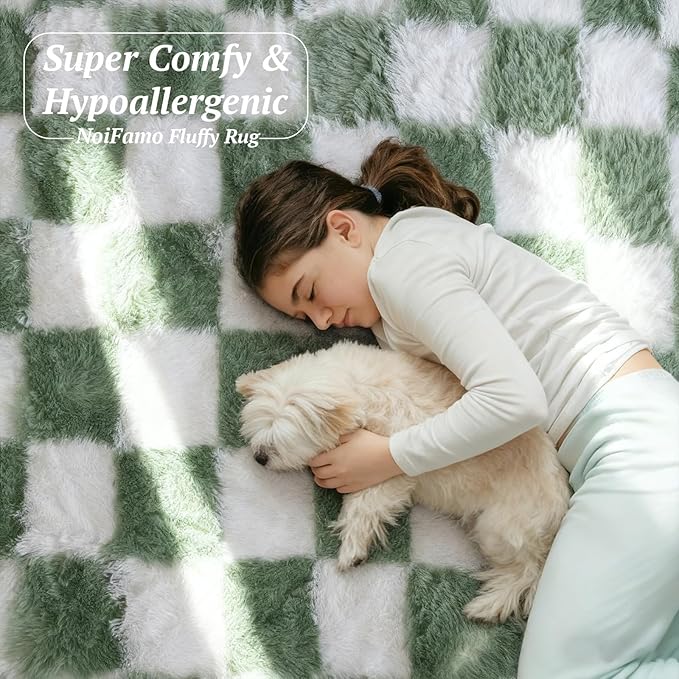 4x6 Area Rugs for Living Room Bedroom, Soft Fluffy Shaggy Bedside Rug, Indoor Floor Carpet for Kids Playroom, Dorms, Nursery Rooms, Home Decor (Green & White 4'x6')