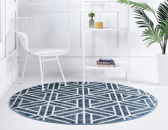 Rugs.com Lattice Trellis Collection Rug – 3 Ft Round Blue Low-Pile Rug Perfect for Kitchens, Dining Rooms