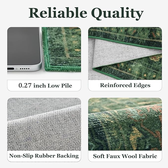 Tranditional Dark Green 2x3 Kitchen Rugs Washable Non Slip, Vintage Boho Distressed Medallion Door Mat Indoor Entrance Entryway, Small Low Pile Rugs for Bedroom/Bathroom Vanity/Laundry Room