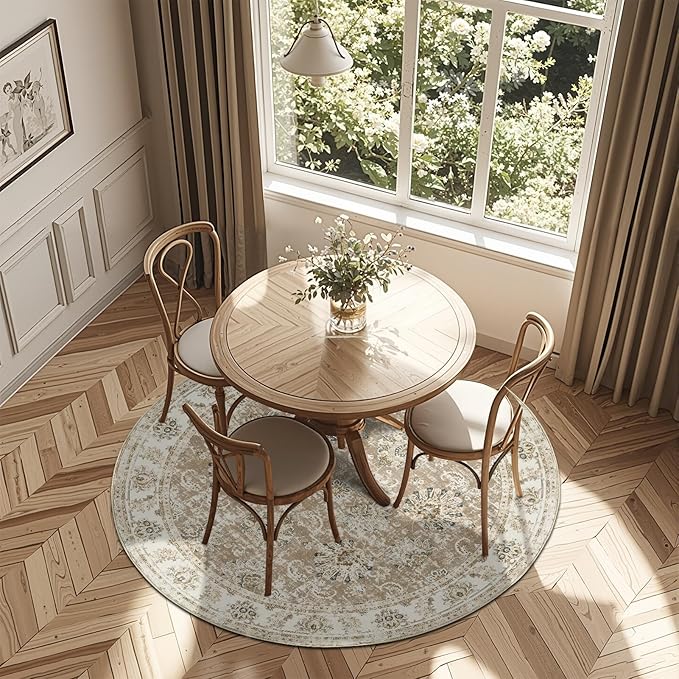 jinchan Fiora Round Rug 6ft Area Rug - Taupe Vintage Floor Mat Indoor Ultra-Thin Soft Floral Print - Washable Circle 6' Retro Accent for Farmhouse Non Slip Dining Room Living Room Bedroom Office