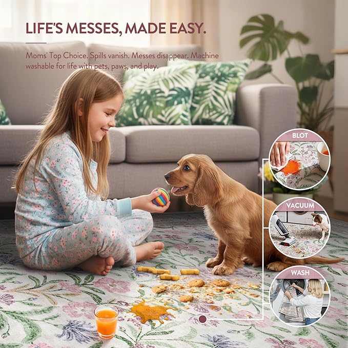 Lahome Purple Floral 9x12 Area Rug, Machine Washable Low Pile Nursery Girls Rug, Non-Slip Thin Carpet for Playroom Kids, Soft Boho Mat for Women Bedroom Decor