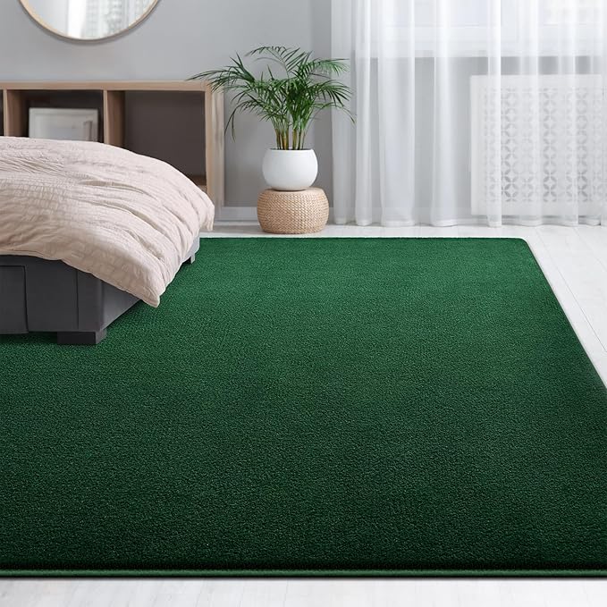 Large Area Rugs for Living Room Bedroom, 5x8 Feet Dark Green Rug, Minimalist Modern Shag Rug, Soft Thick Memory Foam Indoor Carpet, Non-Slip Washable Rug for Boys Girls Dorm Nursery Room Home Decor