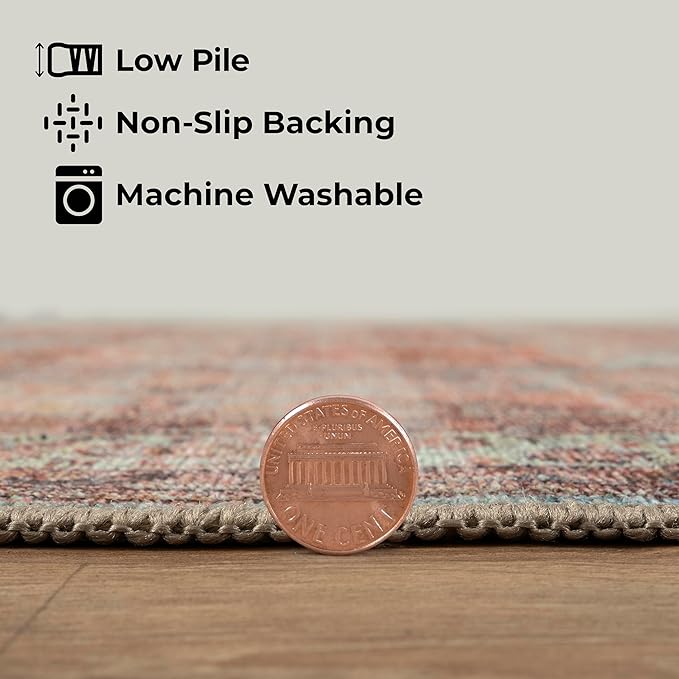 GLN Rugs Traditional Collection - Machine Washable Area Rug, Traditional Washable, Non Slip, Low Pile Chenille Rug, Living Room, Bedroom, Kitchen Rug (3' x 5' Terra/Multicolor 1153)