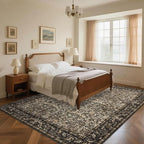 Washable Living Room Rug: 8x10 Boho Floral Soft Area Rug for Bedroom Decor - Vintage Low Pile Thin Carpet for Dining Room Non-Slip - Farmhouse Stain Resistant Rugs - Dark Brown