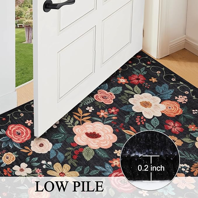 DUKINO 2x5 Runner Rug for Hallway, Washable Kitchen Floral Runner Rug with Non Slip Backing, Low Pile Soft Boho Carpet for Kitchen, Hallway, Entryway, Laundry, Bedroom, Black
