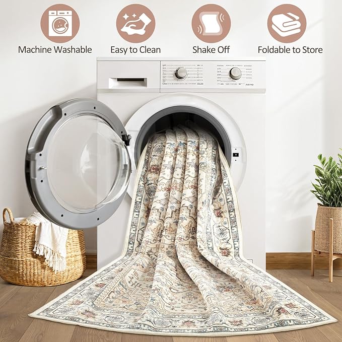 8x10 Area Rugs Living Room: Washable Boho Large Neutral Vintage Soft Rug Stain Resistant Farmhouse Non Slip Indoor Floor Carpet for Bedroom Nursery Kids Playroom Office Dining Room- Cream Blue