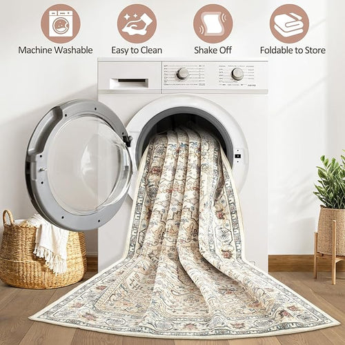 10x12 Area Rug Living Room: Washable Boho Large Neutral Vintage Soft Rugs Stain Resistant Farmhouse Non Slip Indoor Floor Carpet for Bedroom Nursery Kids Playroom Office Dining Room- Cream Blue