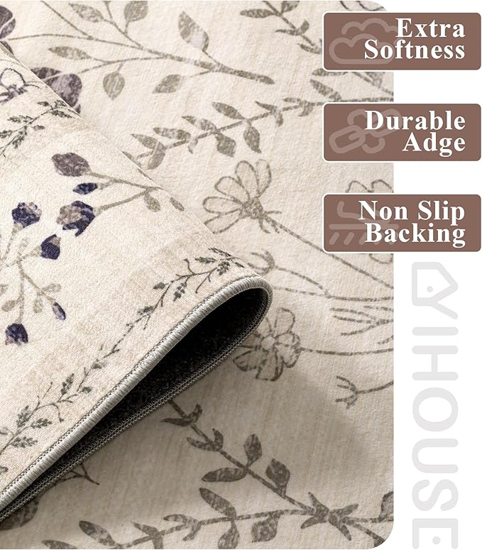 YIHOUSE 8x10 Washable Rug for Living Room, Beige Floral Rugs for Bedroom Boho Area Rug Non Slip Ultra-Thin Large Rug for Kids Playroom, Classroom, Girls Dorm, Nursery, Beige Multi