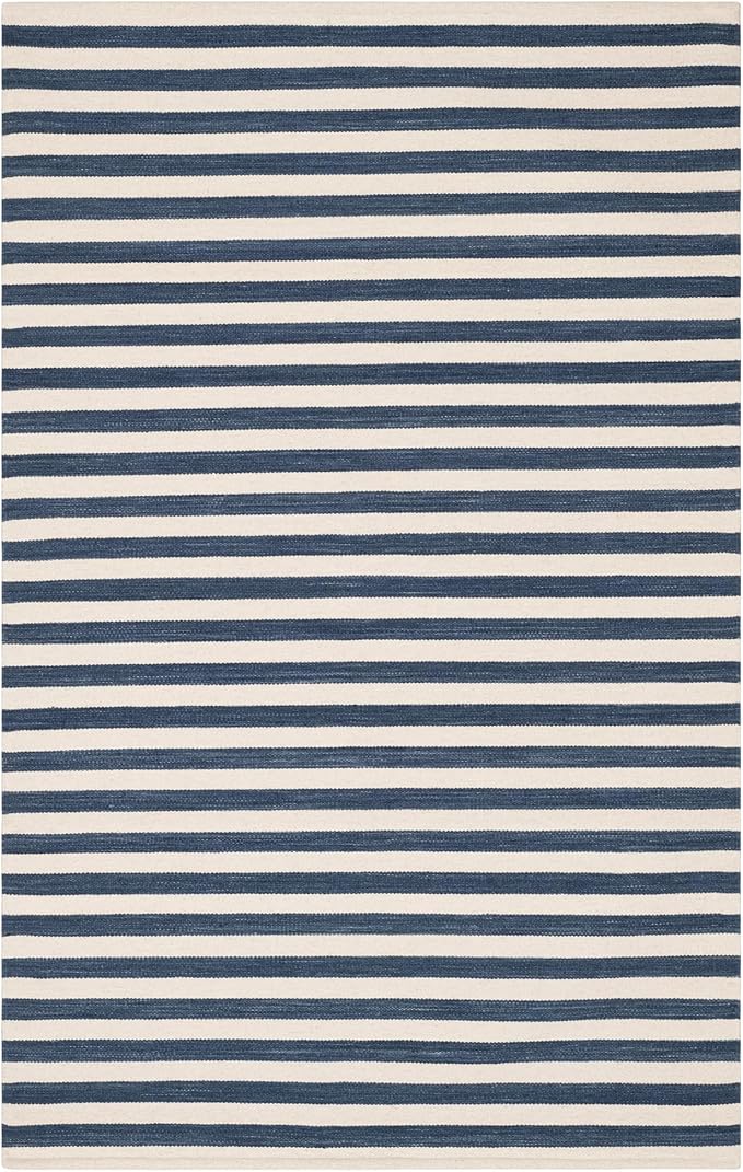 Home Conservatory Ladder Stripe Navy/Ivory Handwoven Wool 5 X 8 Feet, Blue/Ivory Stripe Pattern