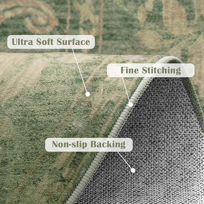 jinchan Round Rug 8ft Area Rugs,Vintage Floral Distressed Design Machine Washable Soft Non-Slip Low-Pile Ultra-Thin Circle Rug for Living Room Dining Room Bedroom Home Office (8' Round,Dark Green)