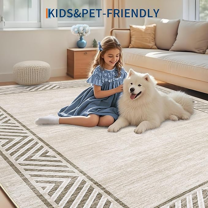 GarveeHome Modern Rugs for Living Room 8x10 Large Bordered Floor Mats with Non-Slip Backing, Stain-Resistant Bedroom Carpet, Foldable Geometric Indoor Rug for Dining Room, Kitchen, Beige