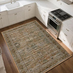 5x7 Washable Area Rug for Living Room Dining Room, Distressed Non Slip Vintage Floral Rugs for Bedroom, Traditional Indoor Floor Carpet for Dining Kitchen Farmhouse Brown with Green