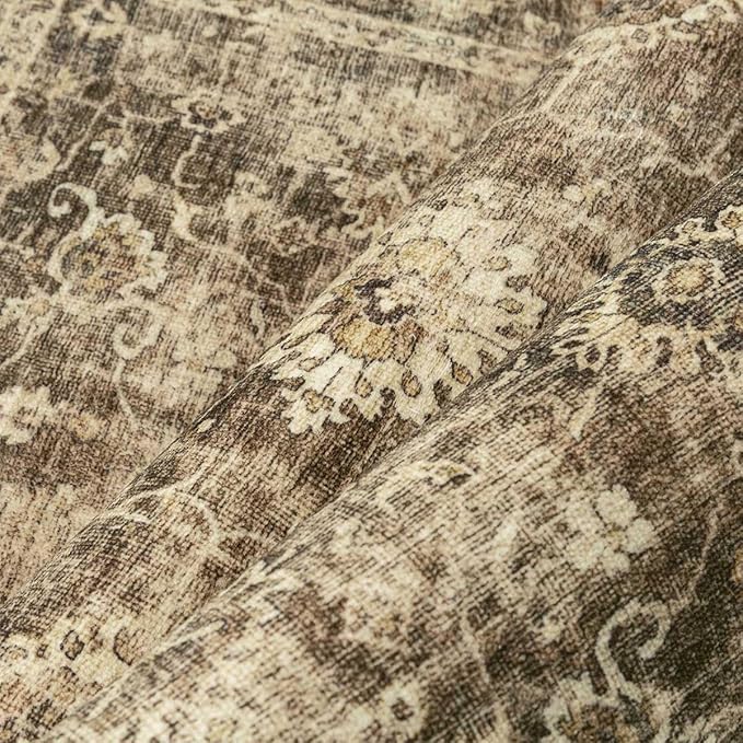 8x10 Washable Area Rug for Living Room Bedroom Brown Vintage Large Distressed Rustic Low Pile Carpet Non-Slip Lightweight Vacuumable Soft Throw Rug for Indoor Dining Room