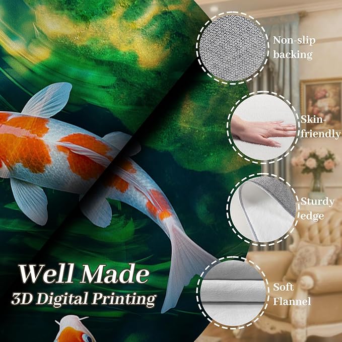 Green Pond Koi Fish Area Carpet, 6x8ft, 3D Realistic Underwater Koi Printed Carpets, Chinese Natural Landscape Soft Low Pile Rug, with Non Slip Backing Pet Friendly Rugs for Entryway