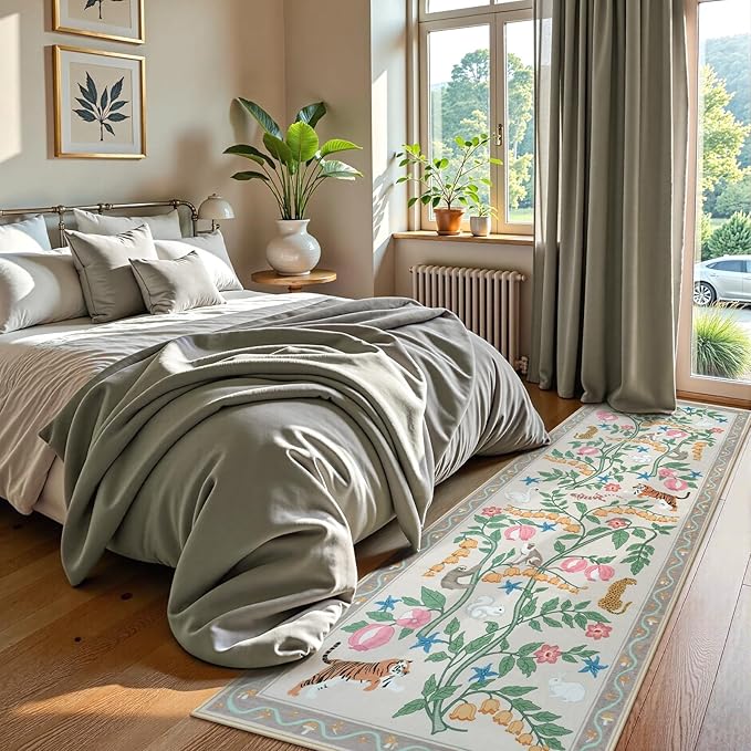 Collive Runners Rug for Hallway 2.6x8, Jungle Animal Washable Kitchen Runner Carpet Non Slip Soft Bathroom Mats, Beige Low Pile Stain Resistant Entryway Rugs for Bedroom, Indoor Decor