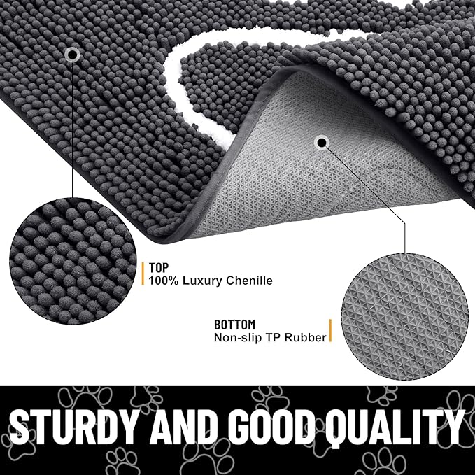 Smiry Dog Door Mat for Muddy Paws, Absorbent Dirt Trapper Non Slip Quick Dry Washable Chenille Mat for Mud Dogs, Entry Rug for Indoor and Outdoor (40x32 Inches, Dark Grey and White)