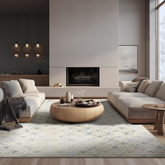 Phantoscope Washable Area Rug 6'x9' Non-Slip, Vintage Modern Boho Rugs for Living Room, Bedroom, Dining Room, Distressed Geometric Floral Pattern, Low-Pile Foldable Floor Carpet, Teal Floral/Beige