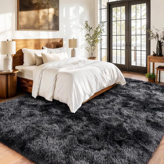Fluffy Carpet for Living Room, Furry Carpet for Teen, Shaggy Rug for Nursery Room, Black Grey Fuzzy Plush Rug for Dorm 6x9 Feet