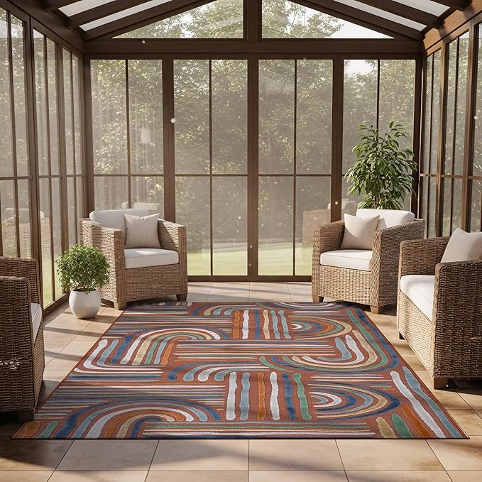 CAMILSON Indoor Outdoor Rug, Orange 9x12 Geometric Arch Striped Large Area Rugs for Patio and Home Areas, Easy-Cleaning Non-Shedding Living Room, Garden and Deck Washable Outside Carpet (9 x 12)