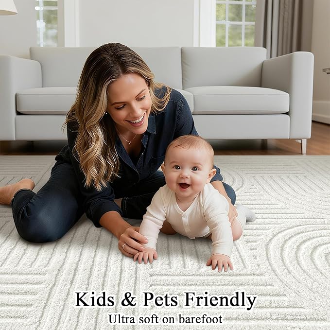 SHACOS Soft Cozy Fluffy Arch Pattern High Low Pile Runner Rugs 2'x6' Non Slip Washable Scandinavian Minimalist Rug Modern Geometric Arc Carpet for Living Room Bedroom Bathroom, Cream White