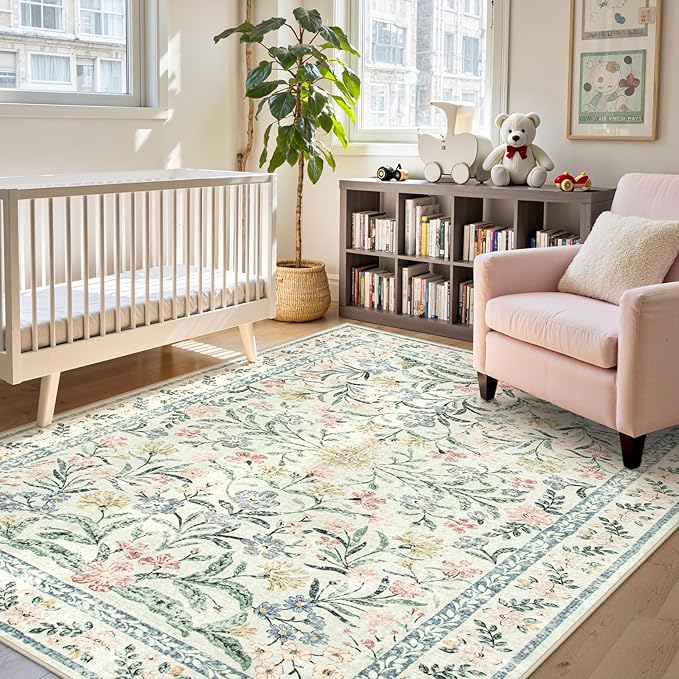 Lahome Boho Rugs for Living Room, Washable Large 8 x 10 Area Rugs for Bedroom Non Slip, Soft Ultra-Thin Distressed Floral Throw Carpet for Office Dining Room, Cream/Multi