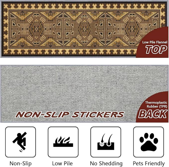 Brown Geometric Runner Rug, 3x10ft Hallway Runner Washable Rug, Corridor & Foyer High-Traffic Rugs, Indoor Durable Non-Slip Mat, Vintage Southwestern Decorative Home Carpet