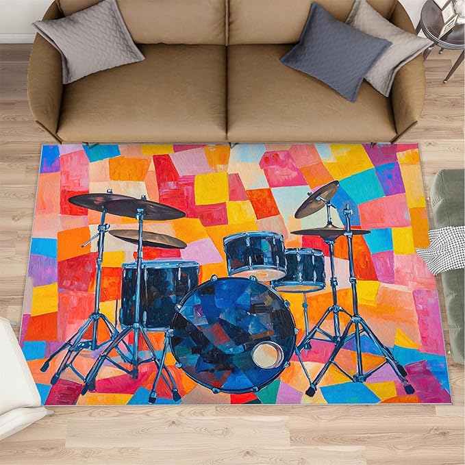 6x9 Drum Set Living Room Rug - Abstract Art Bedroom Carpet, Pop Art Classroom Rug for Carpet Boy Bedroom Office Nursery Hardwood Home Decor
