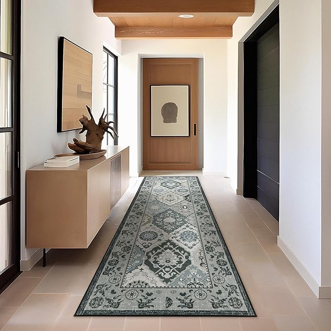 Phantoscope Washable Runner Rug 2'x10' Non-Slip, Vintage Boho Hallway Rugs for Entryway, Stair, Bedroom, Distressed Moroccan Mosaic Diamond Pattern, Low-Pile Foldable Floor Carpet, Grey Charcoal