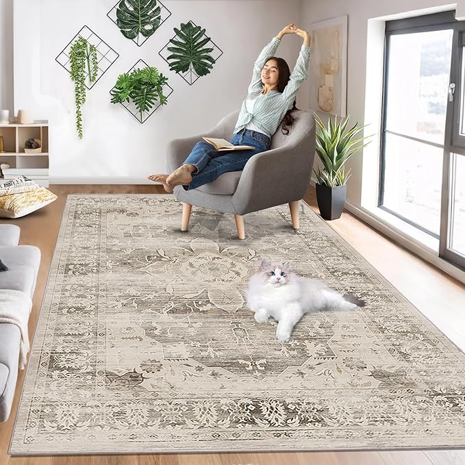 Washable Area Rugs for Living Room 6’x9’ Non Slip Low Pile Area Rugs for Bedroom Dining Foldable Vintage Carpets