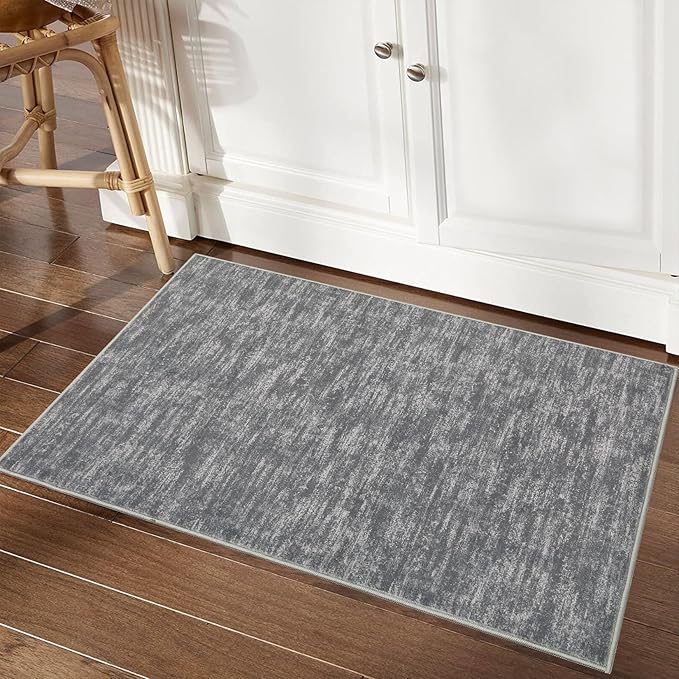RUGSREAL Small Area Rug 2x3 Entryway Rug Washable Contemporary Bath Mat Modern Solid Indoor Throw Carpet Machine Washable Non-Slip Low-Pile Area Rug for Living Room Bedroom Laundry, 2' x 3' Grey