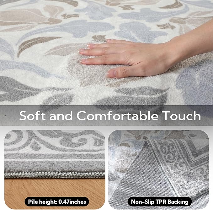 SOULFUL Medium Pile 4x6 Rugs for Living Room - Cozy Soft Underfoot Area Rug - Light Taupe Boho Floral - Washable Non-Slip - Perfect for Bedroom Kids Room Under Dining Table Office