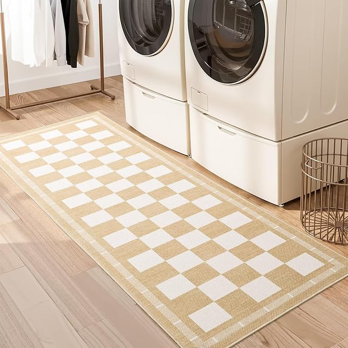 Vasofe 2x6 Runner Rug for Hallway, Washable Checkered Jute Rugs, Outdoor Indoor Patio Porch Balcony Bedroom Kitchen Laundry Geometric Mat, Non Slip Plaid Farmhouse Design Carpet, Khaki and White