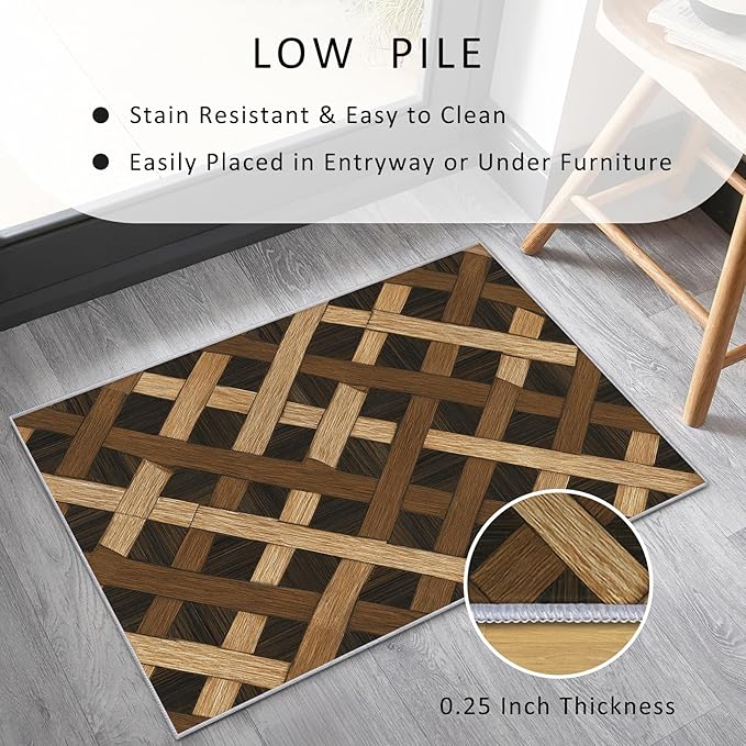 Checkered Rug, Washable 5x7 Rug for Living Room, Wood Grain Patterned Indoor Carpet, Checkered Geometric Decor for Home, Bedroom, Soft Non Slip Thin Design FER28