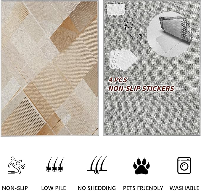 Minimalist Abstract Area Rug 4x5 Brown Boho, Modern Washable Stripe Art Rugs, Soft Non-Slip Low-Pile Carpet for Living Room, Bedroom, Kitchen, Dining Room, Pet Friendly, Non-Shedding, Beige