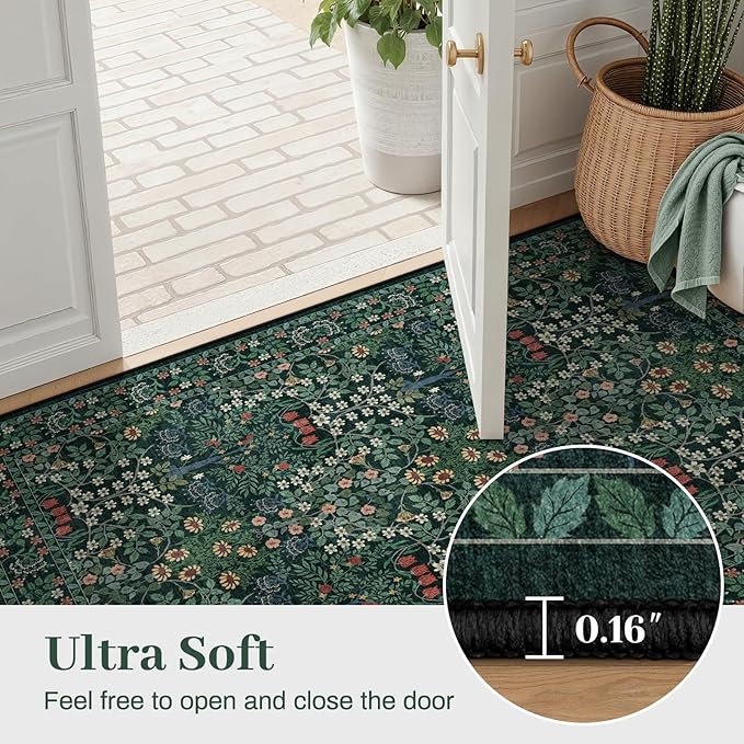 8x10 Area Rugs Living Room Rug - Floral Vintage Forest Washable Carpet, Low Pile Non-Slip Stain Resistance Boho Soft Large Carpet for Bedroom, Dining Room, Office, Farmhouse (8'x10' Dark Green)