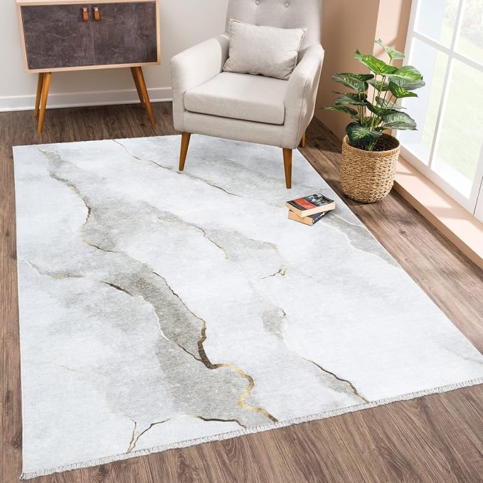 Bloom Rugs Caria Washable Non-Slip 4x6 Rug - Ivory/Gold Modern Abstract Area Rug for Living Room, Bedroom, Dining Room, and Kitchen - Exact Size: 4' x 6'