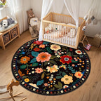 Floral 4ft Area Rug Machine Washable Soft Print Boho Carpet Non Slip Doormat Low Pile Flower Area Rugs for Living Room Bedroom Nursery Kitchen Dining Room Indoor-Black
